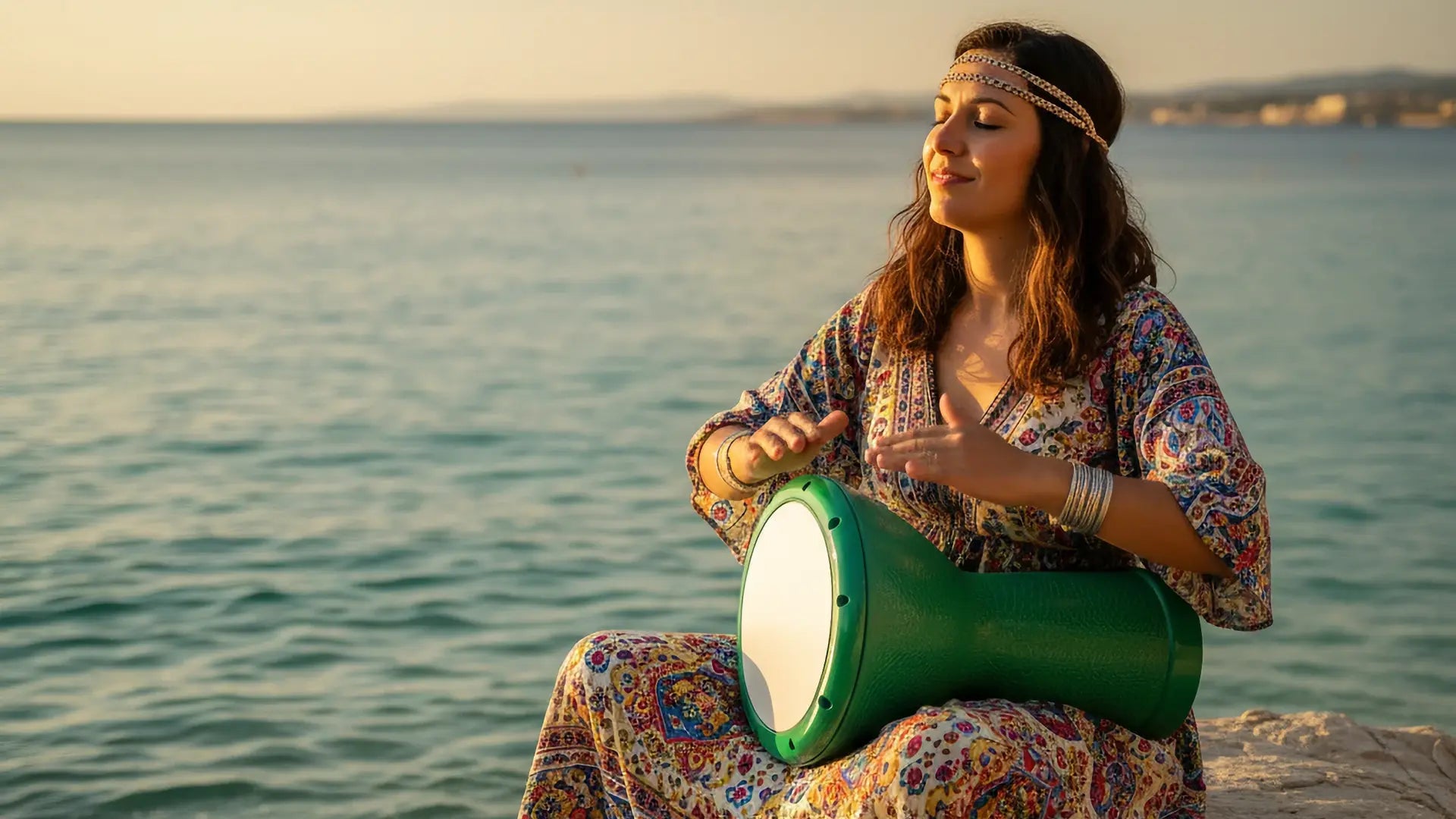 a woman plays darbuka. a post banner of easiest musical instrument to learn post of goldesi.