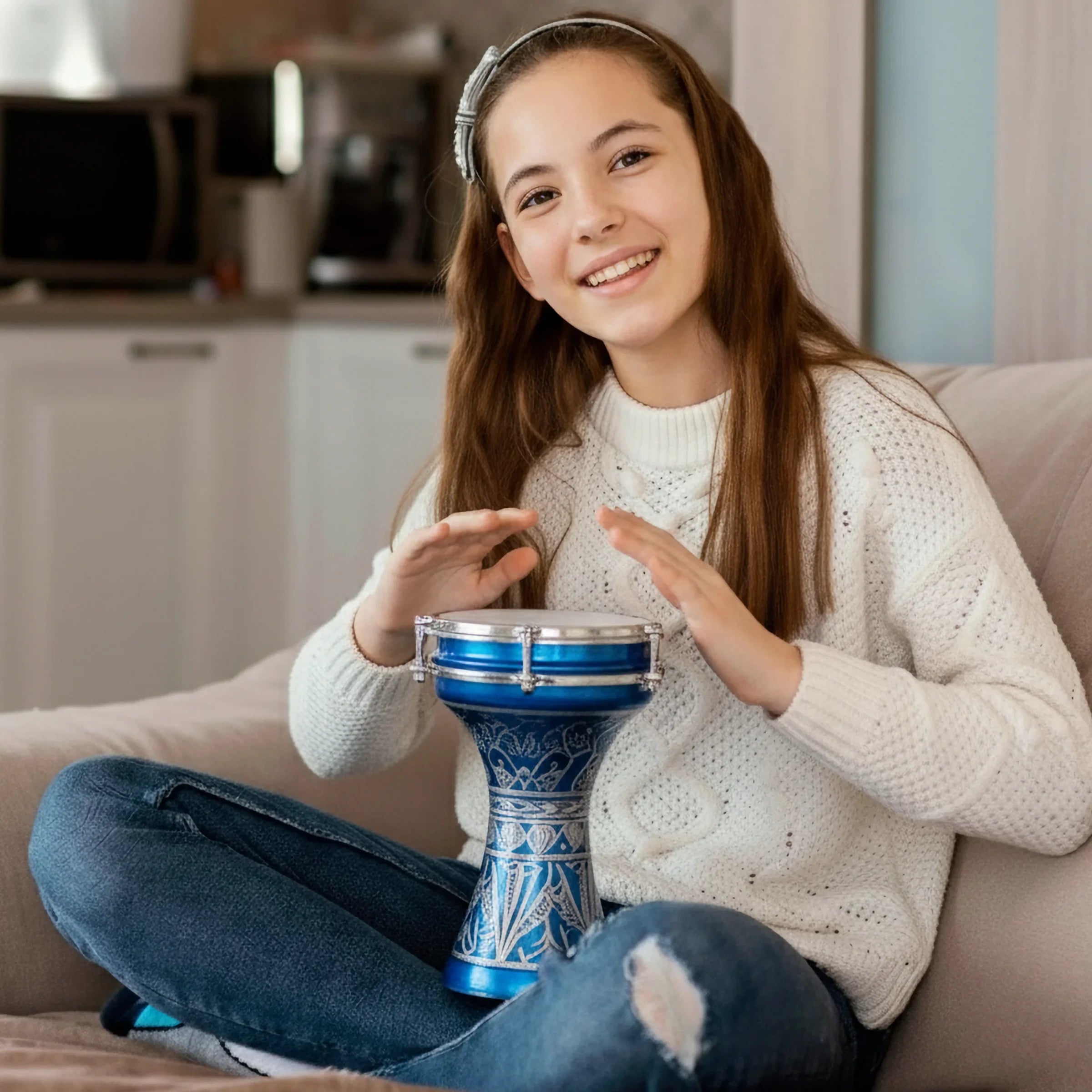 Ocean Bloom | Blue Hand-Embroidered Child Darbuka (Size No. 1)