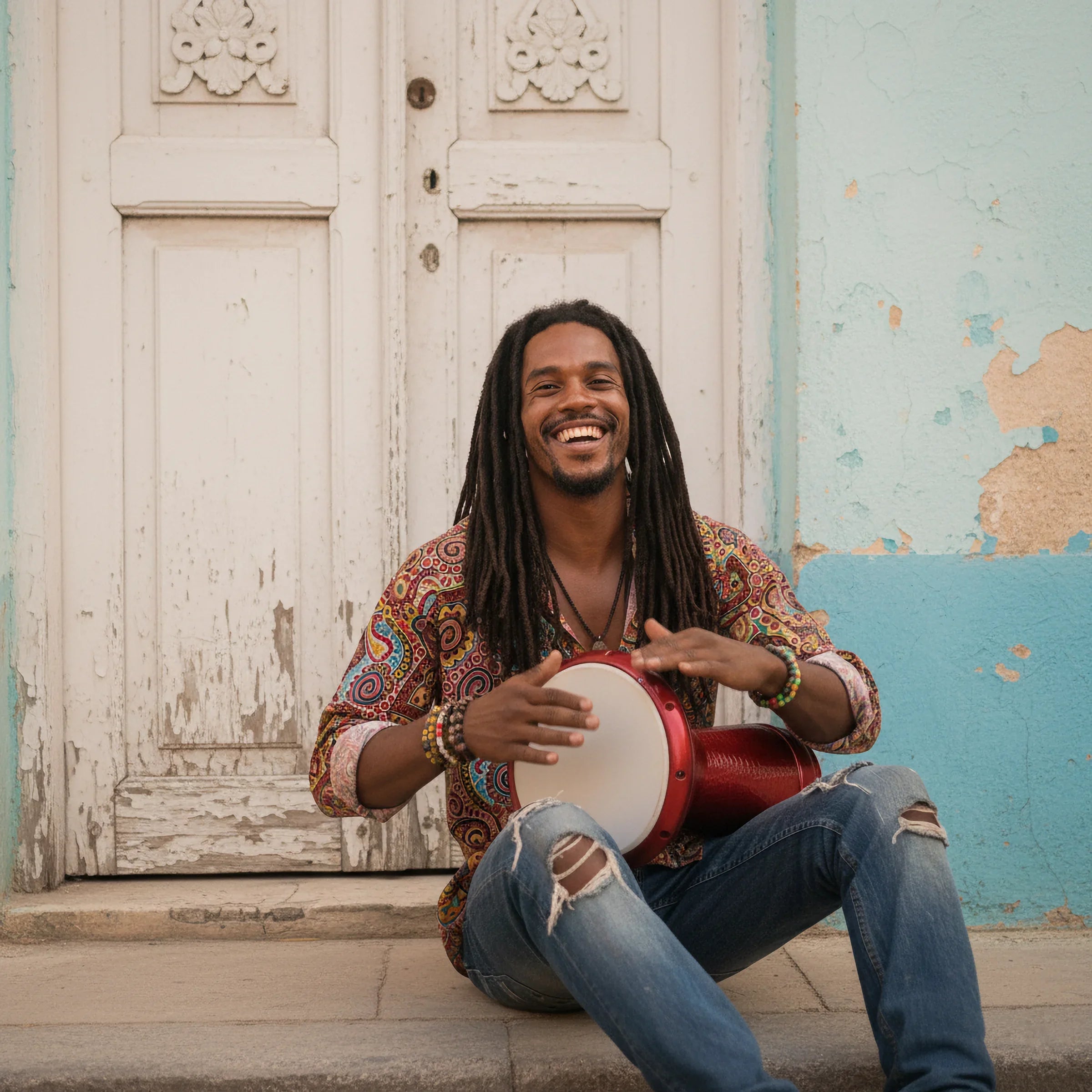 Man with dreadlocks playing a red tambourine against a textured wall.