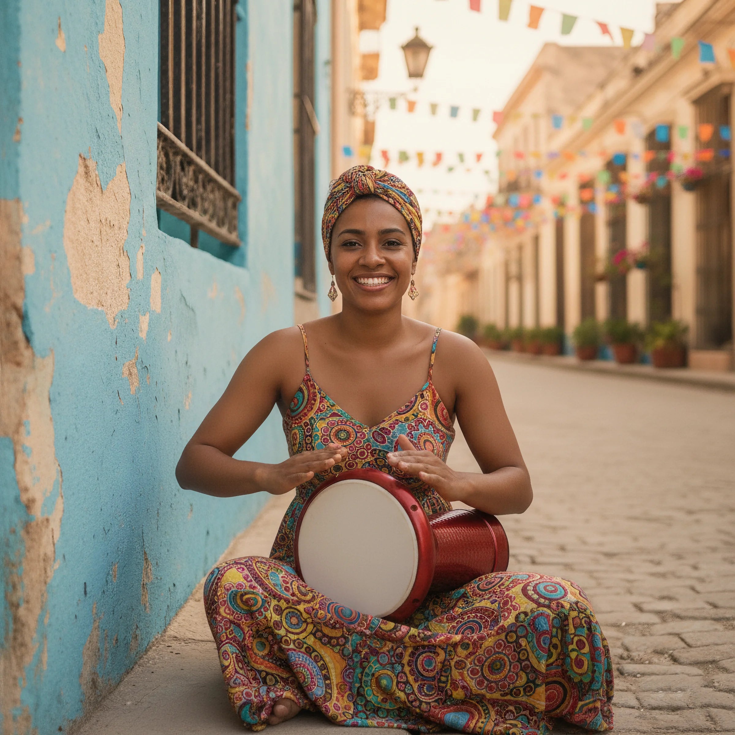 Woman playing a darbuka drum in a colorful street setting