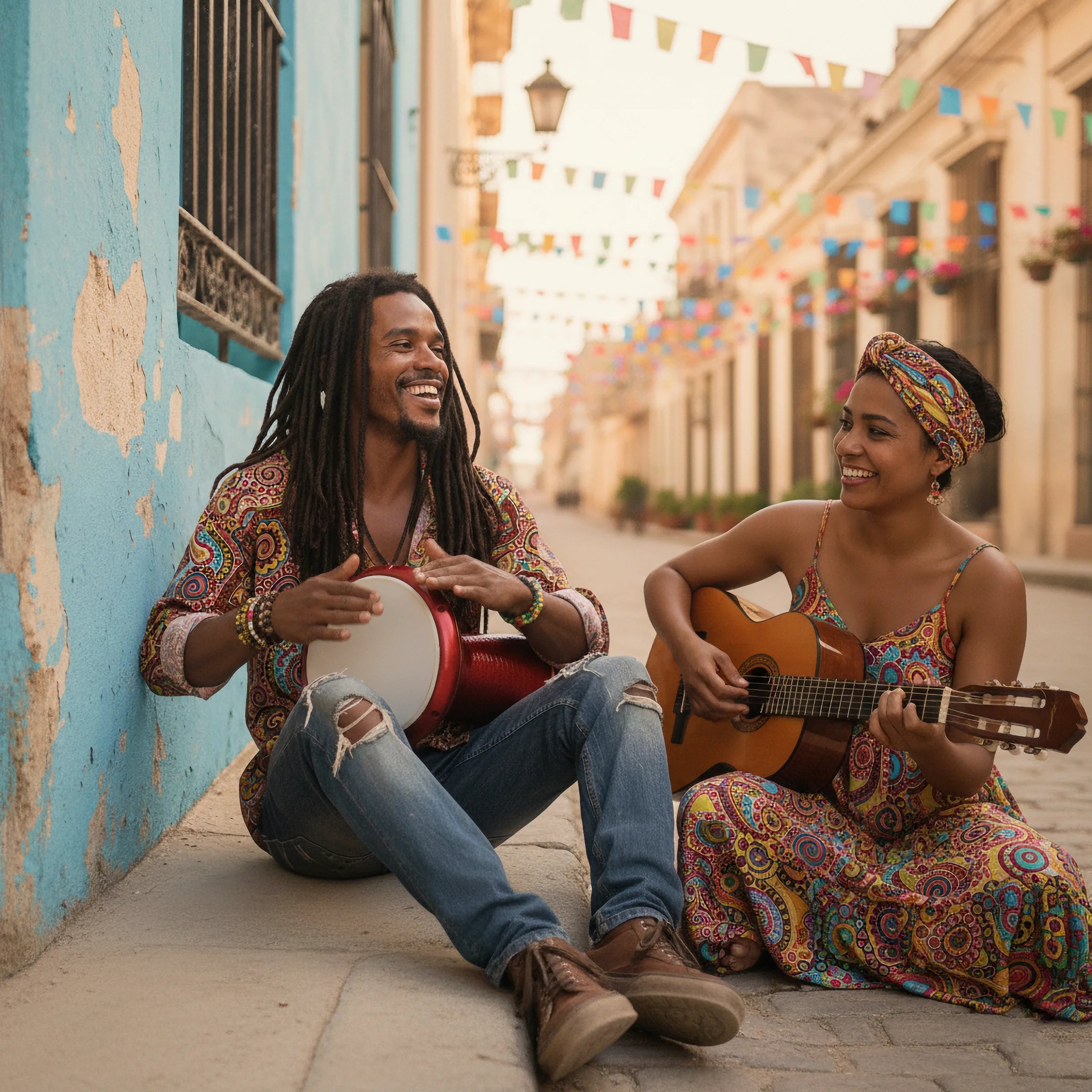 Two people playing music on a street with colorful flags and buildings.