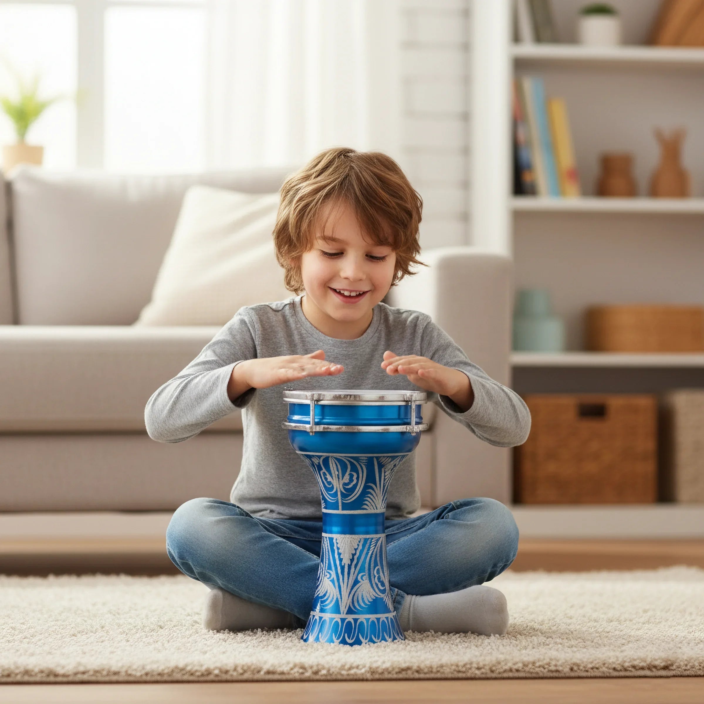 Ocean Bloom | Blue Hand-Embroidered Child Darbuka (Size No. 3)