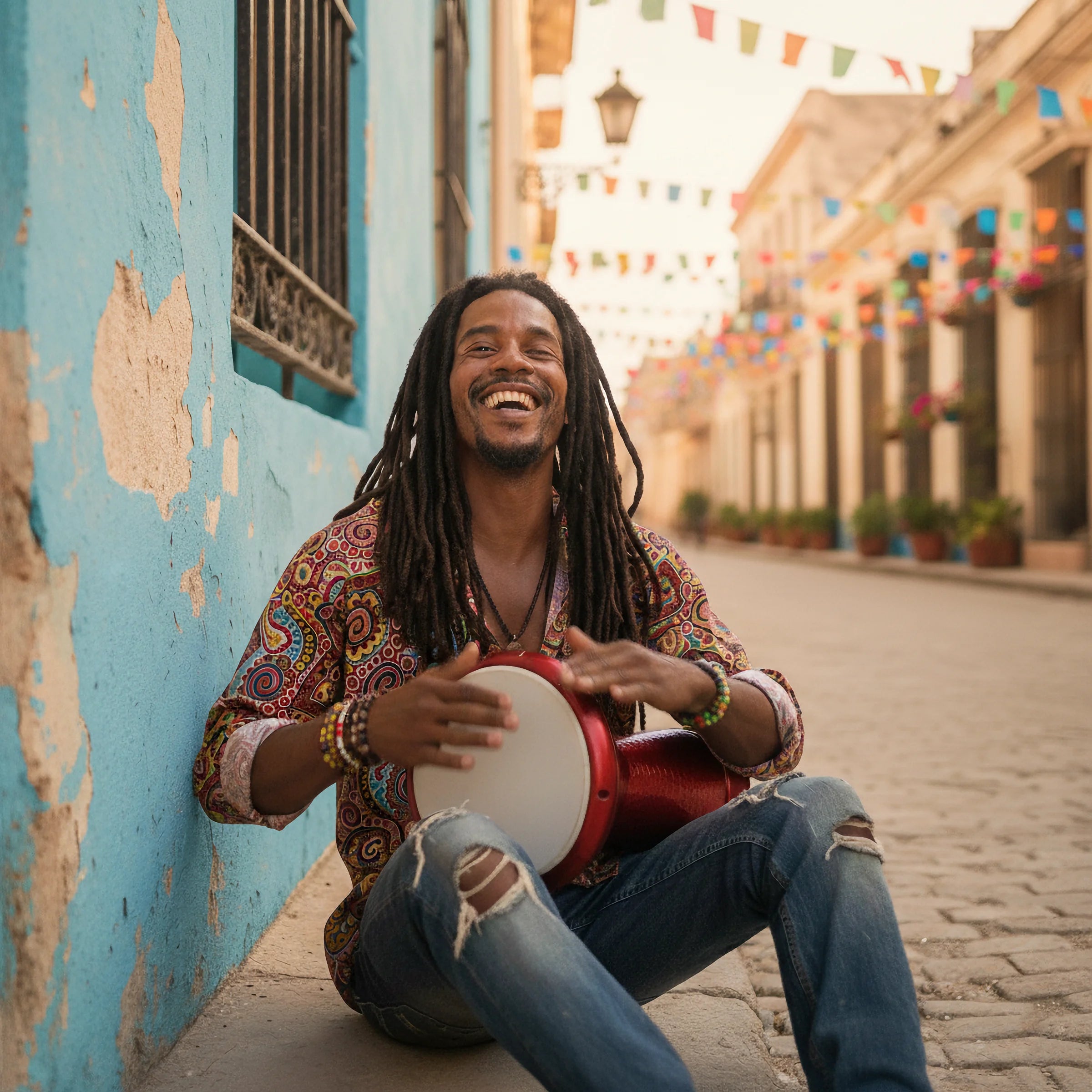 Man with dreadlocks playing a red darbuka drum in a colorful street setting