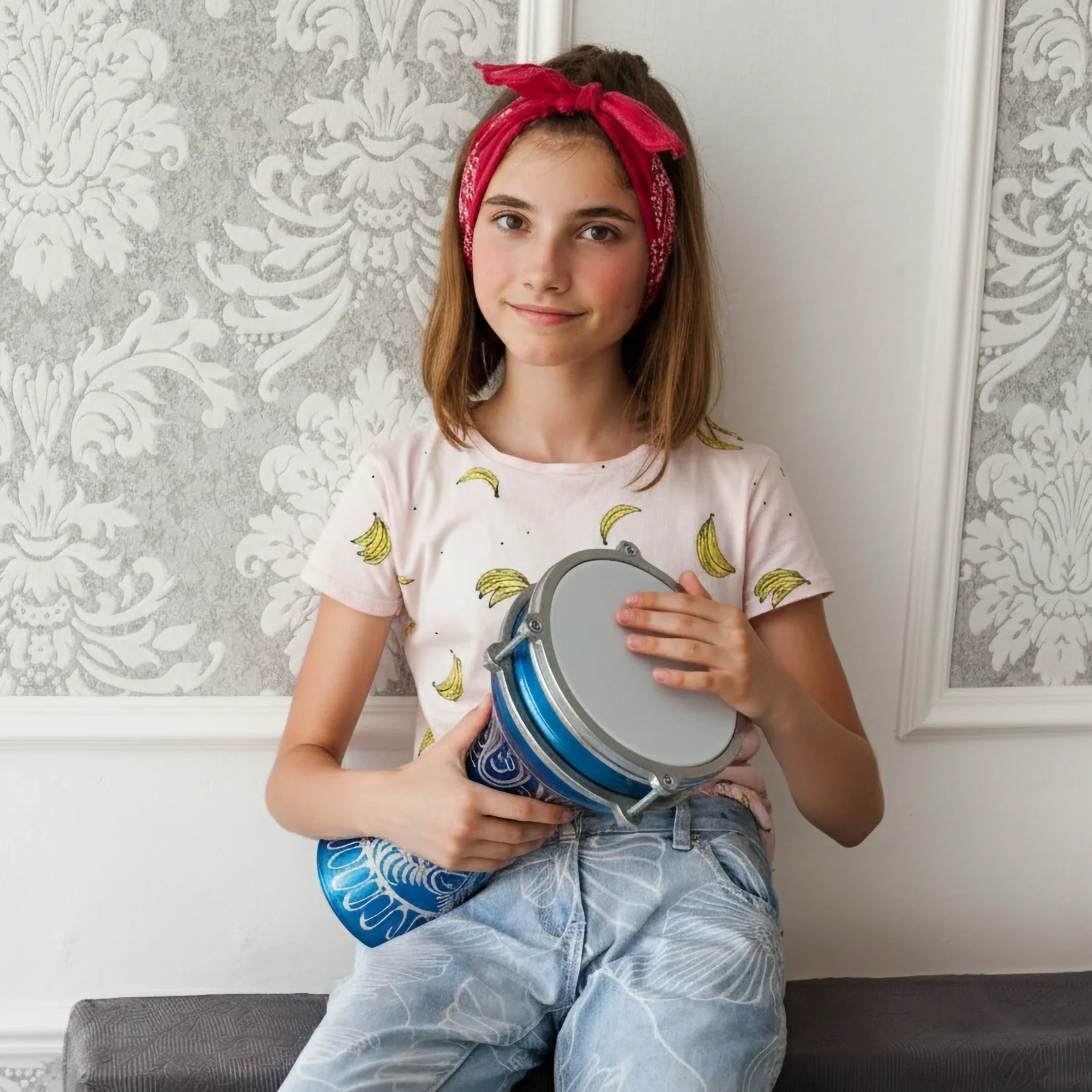 Ocean Bloom | Blue Hand-Embroidered Child Darbuka (Size No. 4)