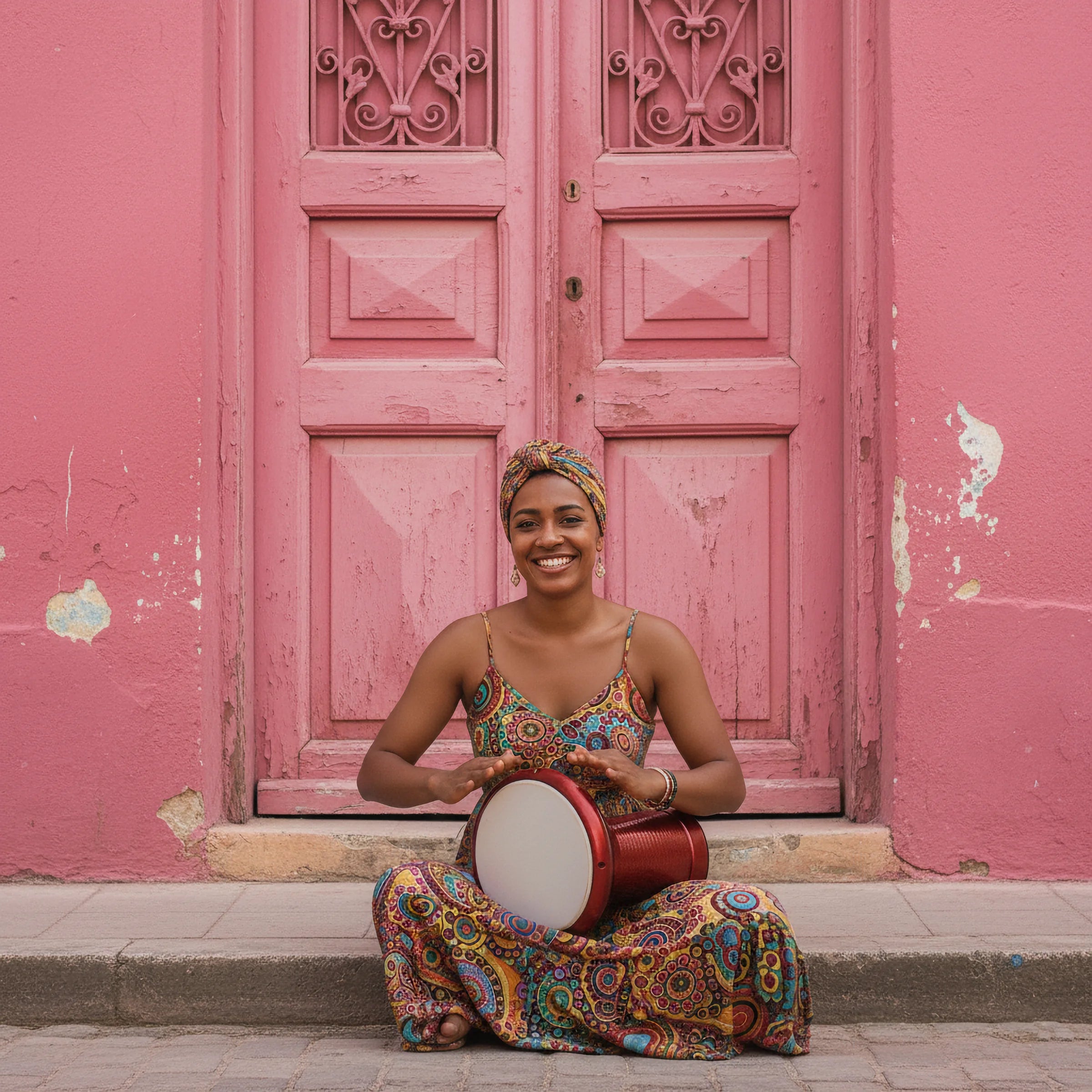 Woman playing a darbuka drum in front of a pink door