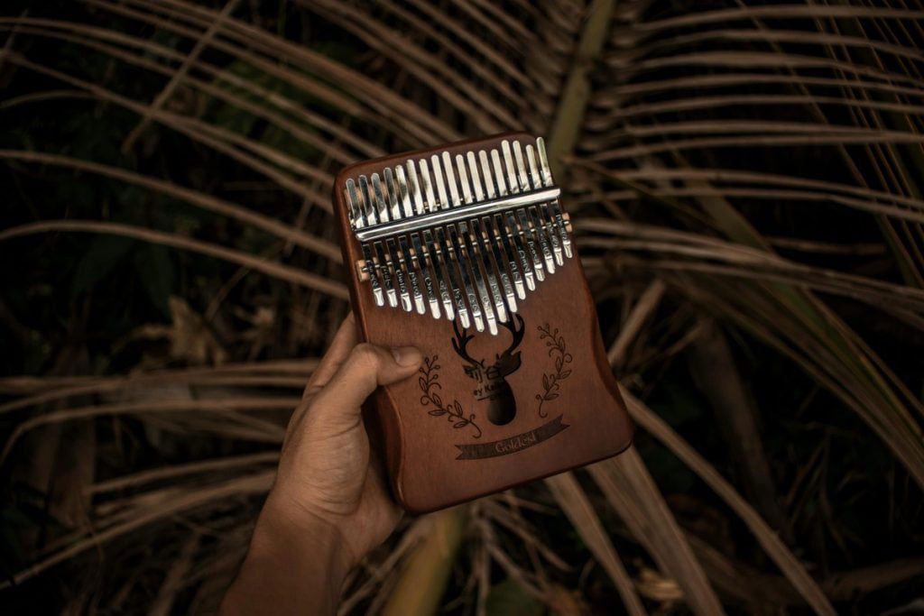 A hand holding a wooden kalimba with a deer engraving, against a background of dried palm leaves.
