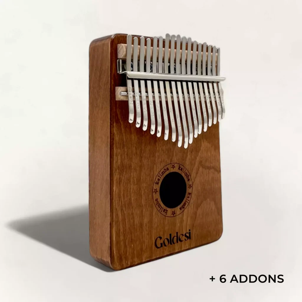 Goldesi wooden kalimba with 17 keys and 6 additional accessories, side view on a white background.