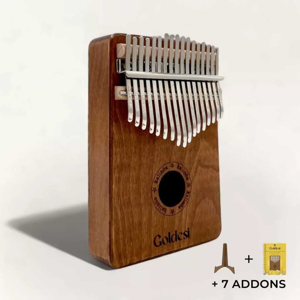 Goldesi mahogany kalimba complete set main image with song book, e-book, full add-ons, and stand