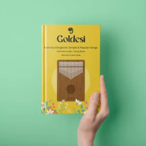 Goldesi Kalimba E-Book cover featuring 10 simple and popular songs for beginners