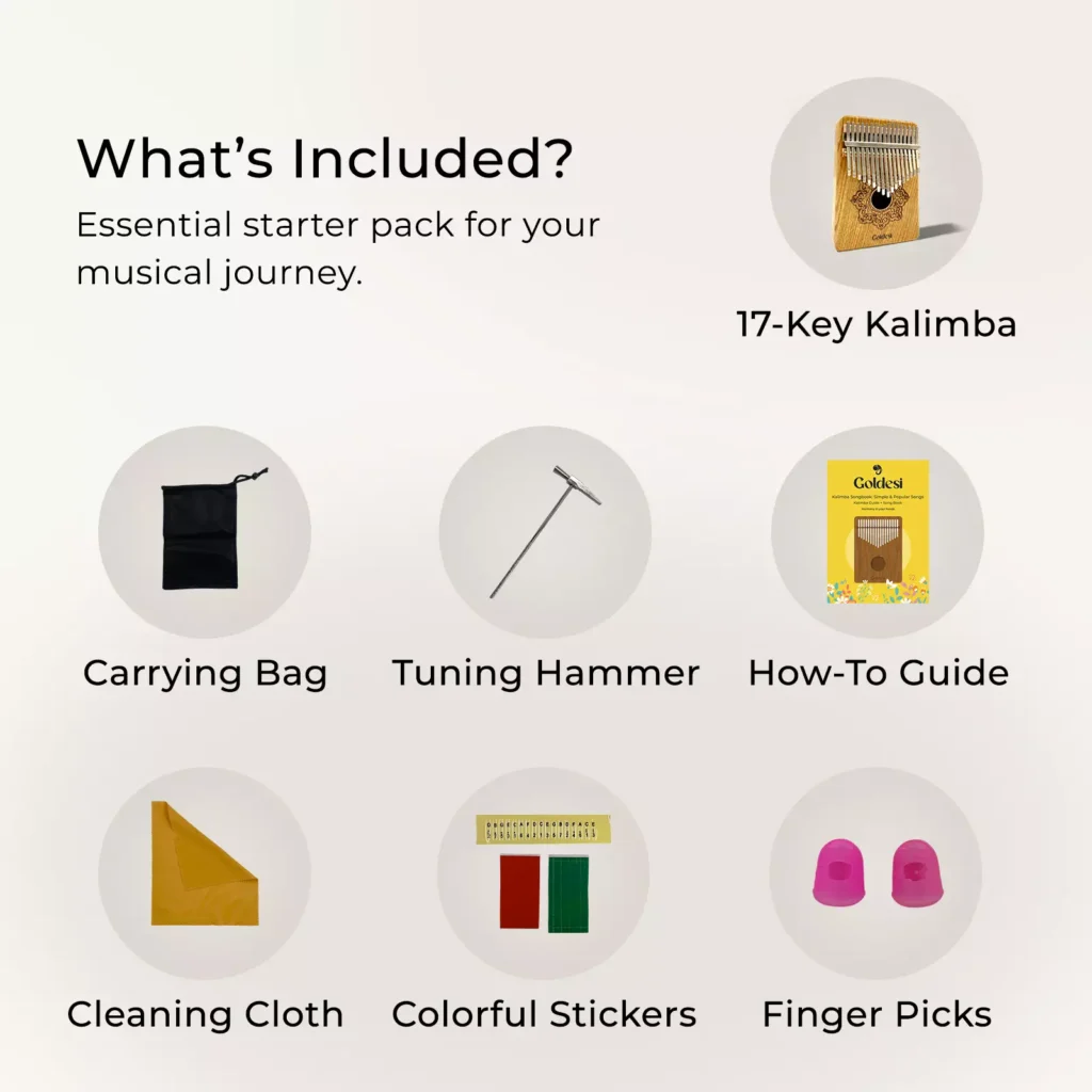 Goldesi natural wood kalimba starter pack with includes list showing essential add-ons