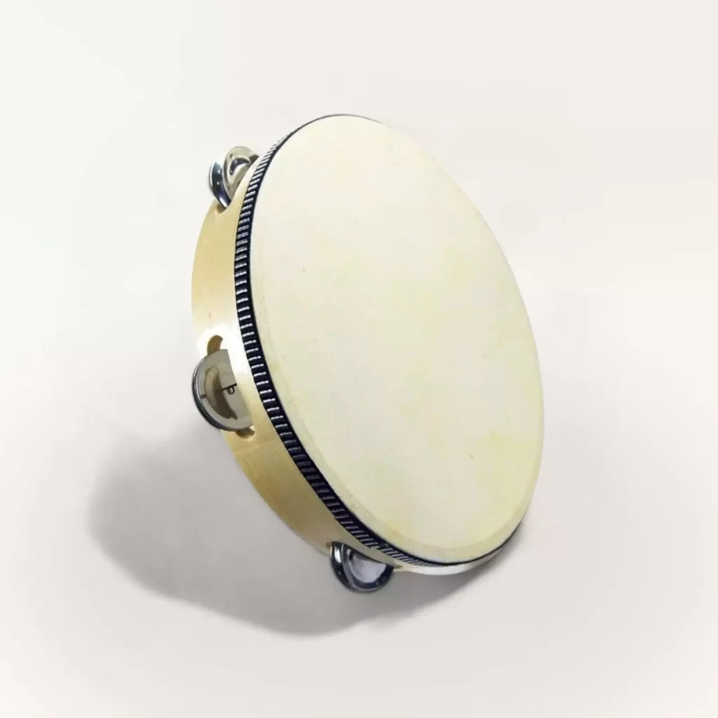 A handmade Goldesi def drum with natural skin head and jingles, showcasing traditional craftsmanship.
