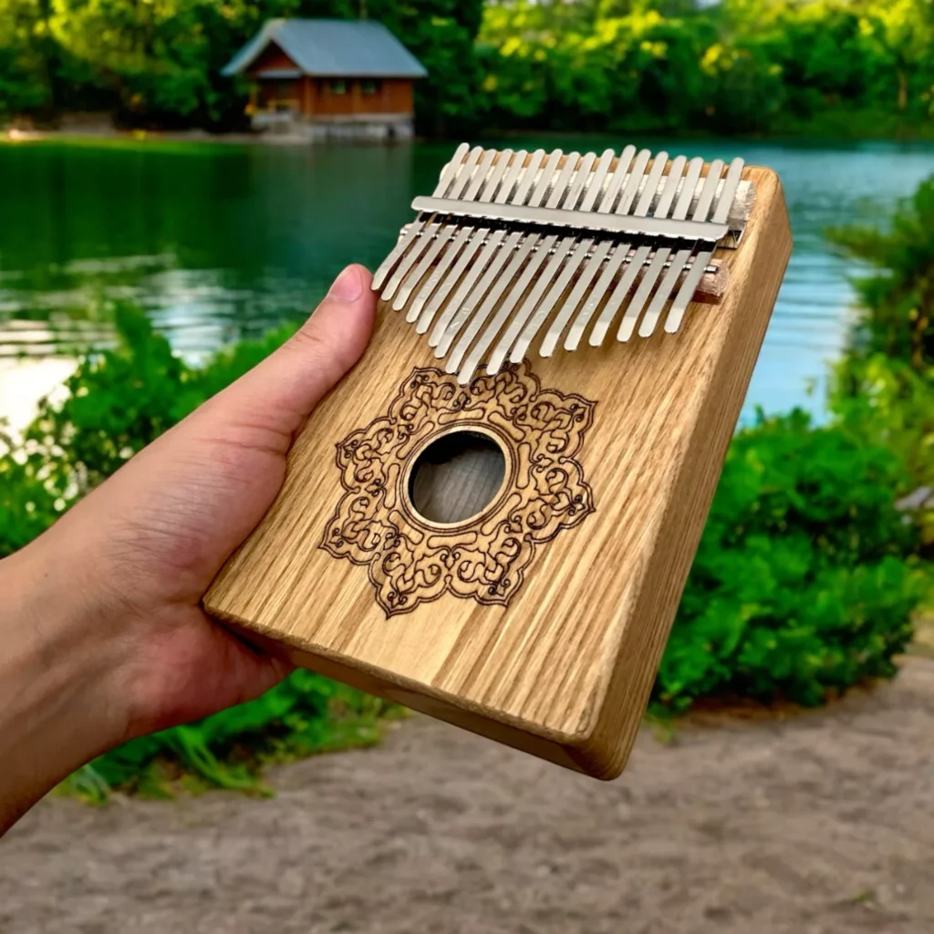 Goldesi wooden kalimba with intricate design held by a hand near a peaceful lake and green nature background.