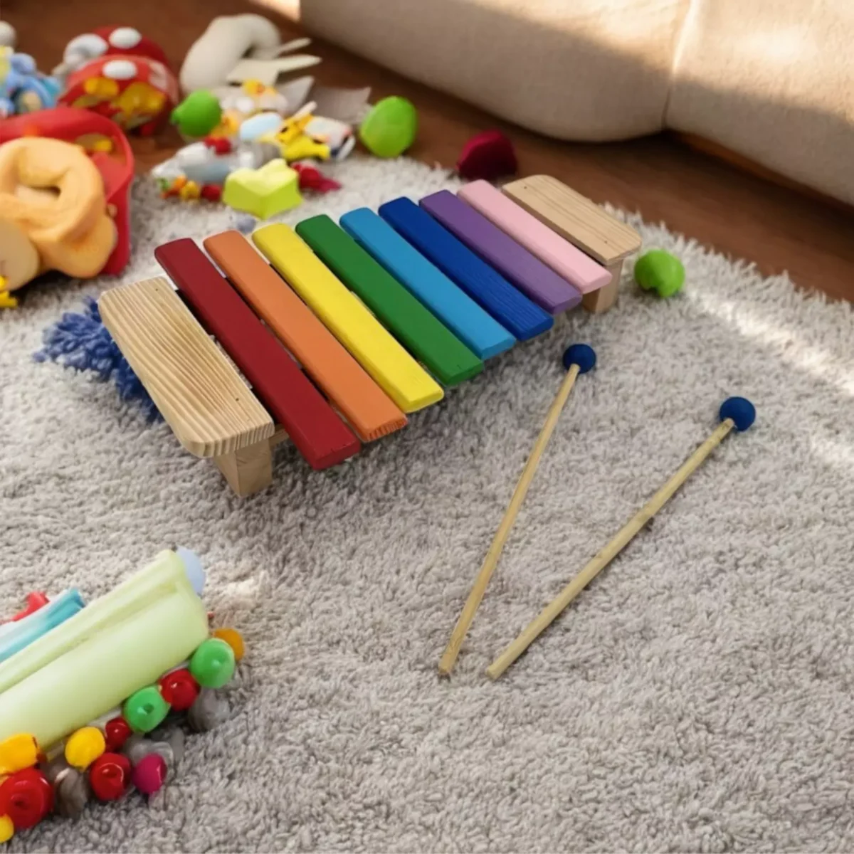 Colorful Goldesi xylophone with sticks, placed next to toys on a rug at home